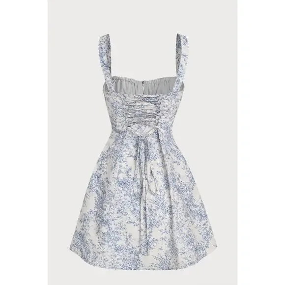 RIHOAS Blue Floral Ruched Slip Corset Mini Dress L - Picture 6 of 7